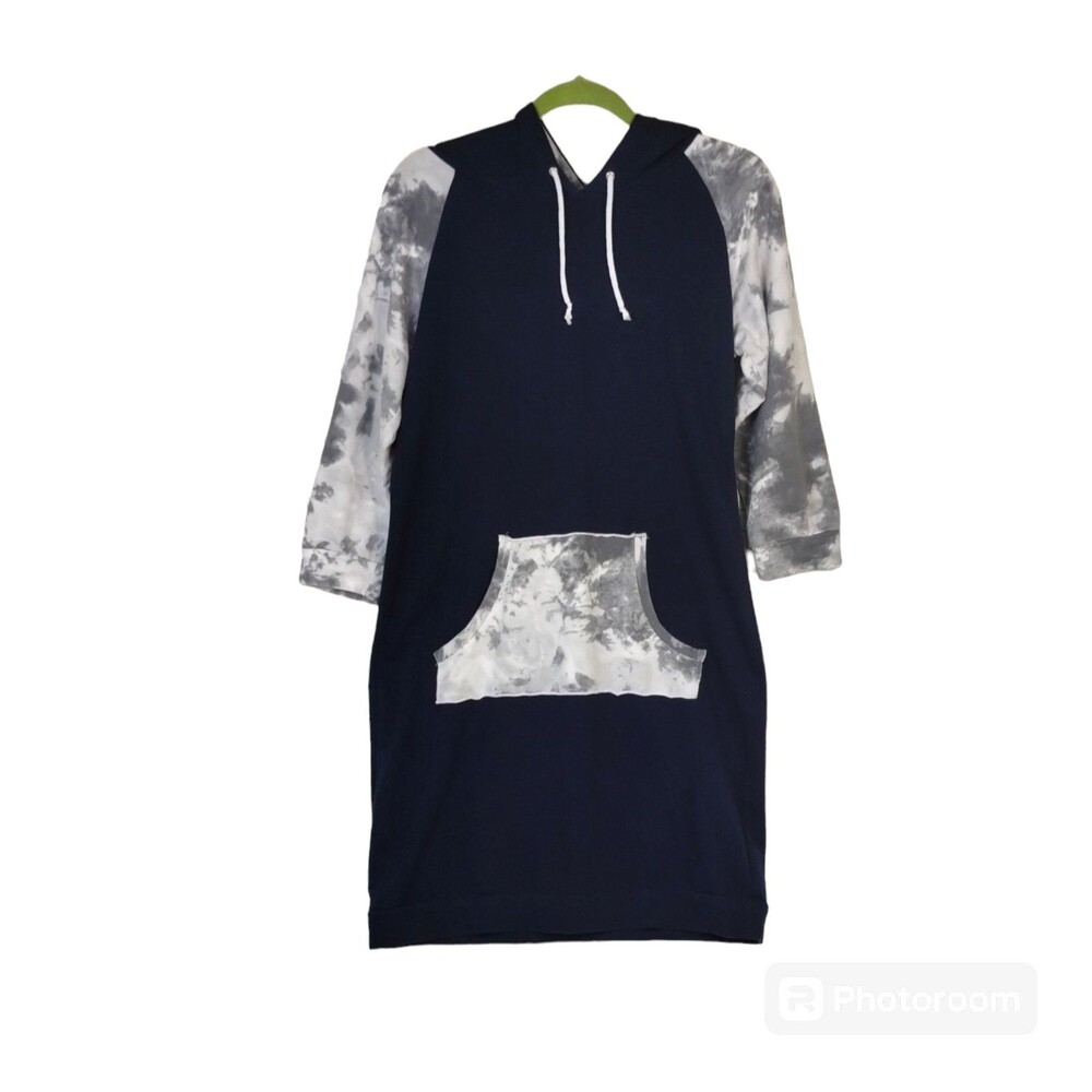 Pepe Runa Sweatshirt Dress Size S Hood Long Sleeve  Navy Blue Grey Bawelna Cottn